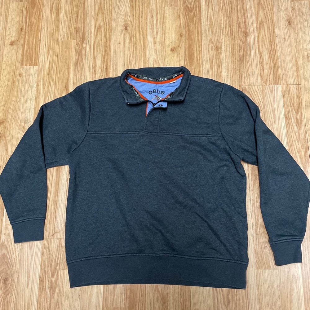 Orvis Sweatshirt 1/4 Zip Cotton Gray Blue Snap Mock Neck Cotton Logo Large Men